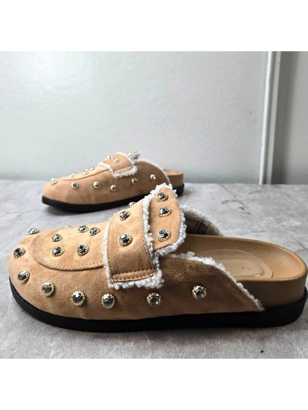AZALEA WANG Faux Fur Lined Mules 6.5 Beige Studded Comfort Slip On Loafer Shoes